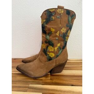 Golo Tan Suede Cactus Floral Print Western Cowboy Boots Pointed Toe Women Sz 10